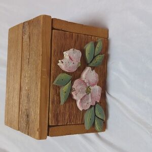Hand Crafted Solid Wood Lidded 3D Floral Rustic Cottage Storage or Wedding Box